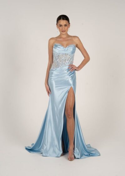 Light blue satin Poseur evening gown with sweetheart neckline, crystal embellished bodice, and high slit.