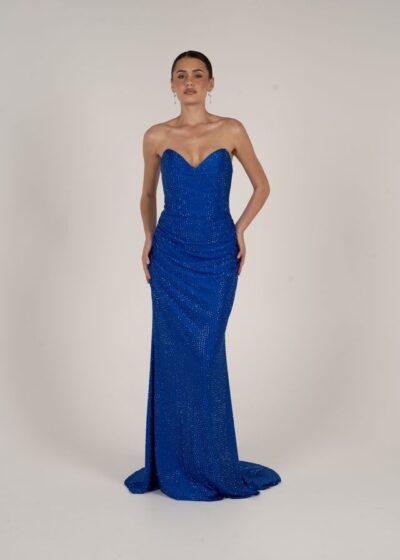 Royal blue strapless sequined mermaid gown with sweetheart neckline.