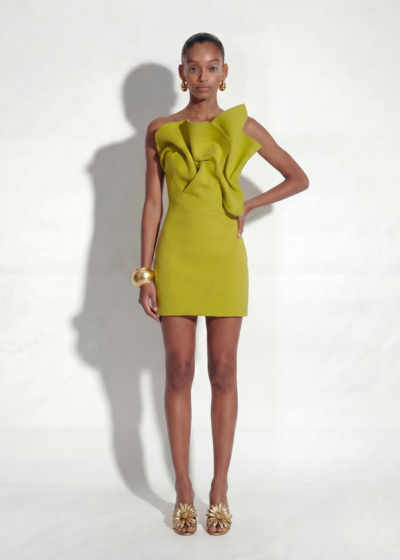 Margot by Elle Zeitoune lime green one-shoulder mini dress with dramatic ruffle detail.