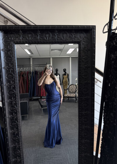 NC4113 By Nicoletta navy blue satin mermaid evening gown with a sweetheart neckline.