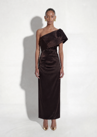 Saskia by Elle Zeitoune: elegant one-shoulder draped satin gown in rich chocolate brown.